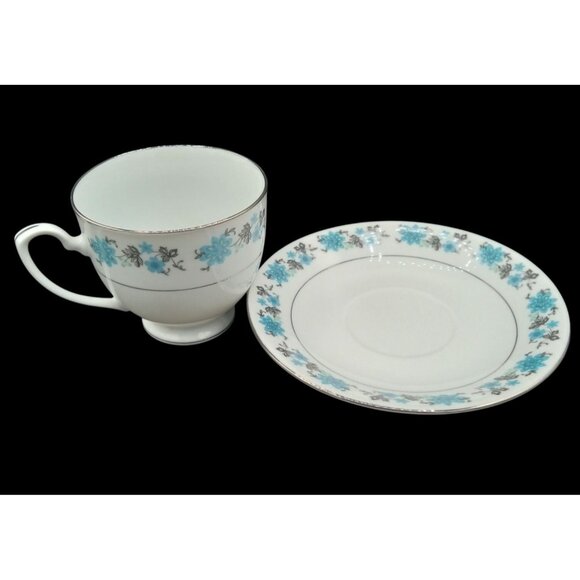 Teacup Saucer Footed China With Blue Flowers Silver Leaves Trim Pattern Vintage - Picture 10 of 15